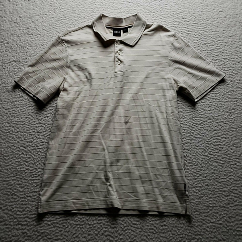 Boss Polo Shirt Mens L Beige Stripe Short Sleeve Stretch Cotton Jersey Top